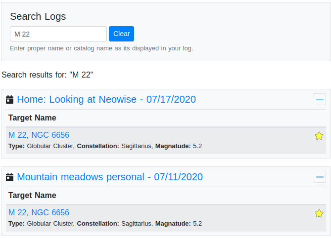 Search Results for M 22 which includes the Event Name and Date and the list of Objects, including Name, Type, Constellation and Magnitude.