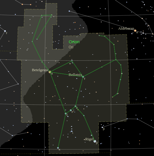 Constallation Orion with labels for Betelgeuse, Rigel and Bellatrix 